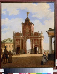 Las puertas rojas de Moscú. Pintura de Karl Petrovich Bodri (1812-1894). Óleo sobre lienzo, 46 ​​x 34 cm