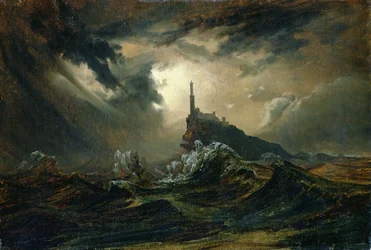 Mar tormentoso con faro