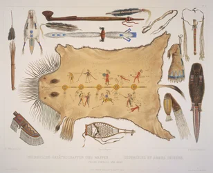Utensilios y armas indias, grabado por A. Zschokke y J. Hurliman, publicado en 1840