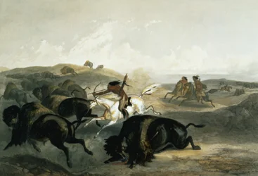 Indios cazando bisontes, lámina 31 del volumen 2 de «Viajes por el interior de América del Norte», grabada por Carl Vogel (1816-51), 1844
