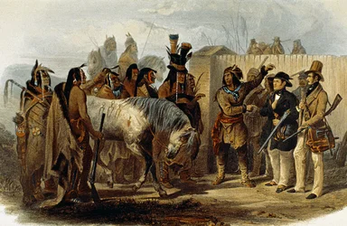 El príncipe Max von Wied-Neuwied (1782-1867) y Karl Bodmer son recibidos por los indios Hidatsa
