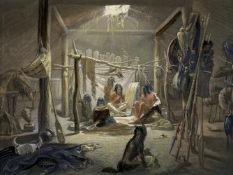 El Interior de una Cabaña de un Jefe Mandan, lámina 19 del Volumen 2 de Viajes en el Interior de América del Norte, grabado por Narcisse Desmadryl, 1844