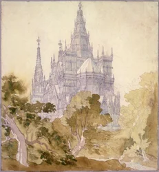 Un paisaje boscoso con una iglesia gótica (lápiz, tinta y acuarela)