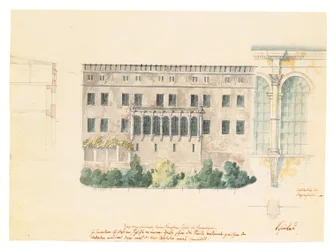 Diseño para una nueva escalera para la fachada norte del Schloss en Stettin, con un estudio subsidiario de la logia, una sección transversal de la fachada y un pilastra adosada, c.1840