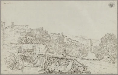 Vista de Rieti en los Apeninos con el puente sobre el Velino