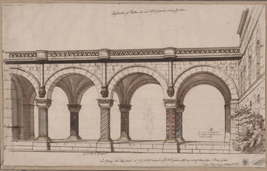 Ariodant. Ópera de Étienne Nicolas Méhul. Proyecto para la 1.ª decoración. Pasaje con arcadas / Una galería