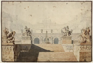 Armida. Ópera de Christoph Willibald Gluck. Proyecto para la 1.ª decoración. Palacio con conjunto de escaleras