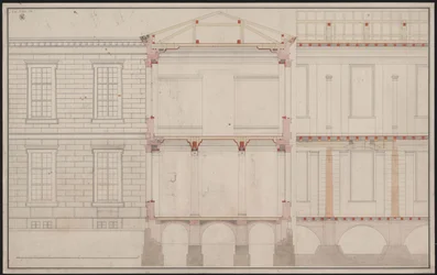 Berlín. Edificio de la Academia Unter den Linden. Alzado parcial de la fachada, detalle de sección longitudinal parcial y sección transversal