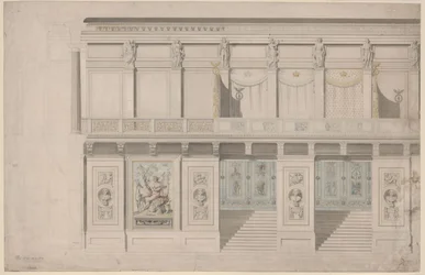 Berlín. Teatro en la Gendarmenmarkt, sala de conciertos. Alzado del muro longitudinal
