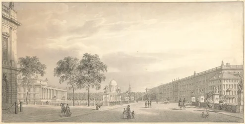 Berlín, Unter den Linden. Vista del Lustgarten con el Schlossbrücke, el Museo Antiguo, la catedral y el palacio