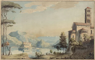 Decoración de uso general. Paisaje con lago e iglesia