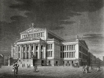 Alemania, Berlín, Vista del Schauspielhaus (sala de conciertos), grabado de Karl Friedrich Schinkels