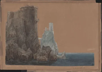 El rey Yngurd. Tragedia de Adolf Müllner. Diseño para la 4.ª decoración. Torre con la Puerta de la Muerte junto al mar