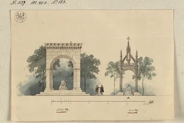 Lützen. Proyecto para un monumento al rey Gustavo II Adolfo de Suecia como sala de arcos abierta por cuatro lados y como tabernáculo sobre la piedra sueca