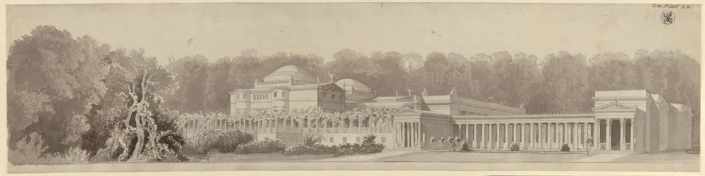 Potsdam-Sanssouci. Antigua casa de campo cerca del palacio de Charlottenhof. Vista en perspectiva desde el noreste