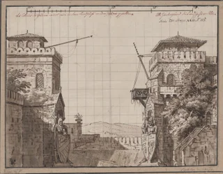 Ratibor y Wanda. Obra de teatro de Jakob Andreas Konrad Levezow. Proyecto para la 3.ª decoración. Castillo con vista a las montañas