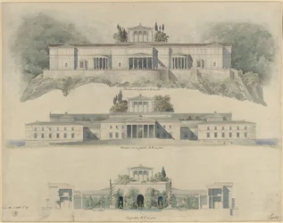 Palacio de Orianda en Crimea. Proyecto clasicista. Alzado de los lados marítimo y terrestre, sección a través del patio imperial con el Museo de Crimea y el templo que lo corona