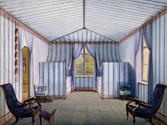 Sala de la tienda en el palacio de Charlottenhof, después de 1830, acuarela de Karl Friedrich Schinkel (1781-1841)