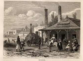 Una fábrica de azúcar de la Rivière du Rempart, en Mauricio, dibujo de Karl Girardet (1813-1871), para ilustrar la estancia de Alfred Verney en Mauricio en 1861. Grabado en "Le tour du monde", editado por Edouard Charton