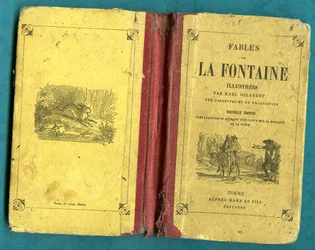 Portada de un libro de las Fábulas de la Fontaine ilustrado por Karl Girardet, Mame en Tours