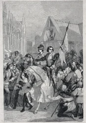 Entrada de Juana de Arco y Carlos VII a Reims - Composición y dibujo de Karl Girardet. Grabado siglo XIX.