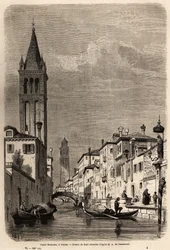 El Canal Rezonico, dibujo de Karl Girardet (1813-1871), para ilustrar el viaje de Adalbert de Beaumont a Venecia, circa 1850. Grabado en “Le tour du monde”, editado por Edouard Charton