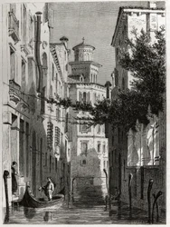 El palacio de Bianca Cappello en Venecia, dibujo de Karl Girardet (1813-1871), para ilustrar el viaje de Adalbert de Beaumont a Venecia, alrededor de 1850. Grabado en 