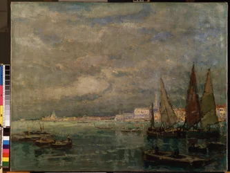 "Vue de voiliers dans la lagune de Venise" (Vista de Venecia con barcos de vela). Peinture de Karl (Carl) Hagemeister (1848-1933) 1926 Dim. 51x71 cm Musee des Beaux Arts de Mikalojus Konstantinas Ciurlionis, Kaunas, Lituanie