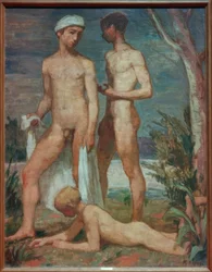 Tres jóvenes bañándose