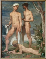 Tres jóvenes bañándose