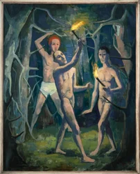 Hombres con antorchas en el bosque