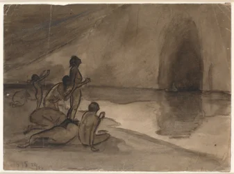 Personas desnudas en la orilla de Aurvangaland viendo llegar el barco con Heimdal