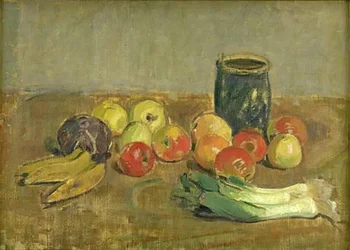Naturaleza muerta. Manzanas, puerros, plátanos y jarra verde