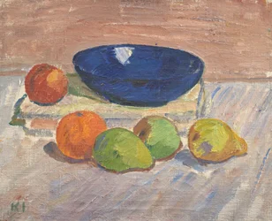 Naturaleza muerta con cuenco azul y frutas