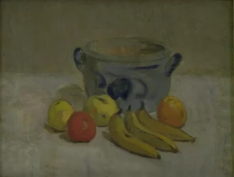 Naturaleza Muerta con Jarra Gris, Manzanas y Plátanos
