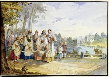 Chicas campesinas rusas con vestido de fiesta. Obra de Karl Ivanovich Kolmann (1786-1846), acuarela sobre cartón