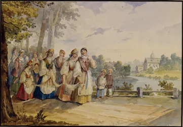 Chicas campesinas rusas con vestido de festival, 1845