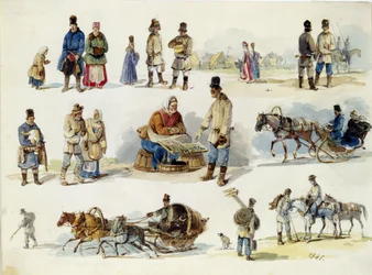 Tipos populares rusos. (Tipos populares de Rusia). Obra de Karl Ivanovich Kolmann (1786-1846), acuarela sobre cartón
