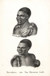 Nativos de Tasmania, Tierra de Van Diemen. Grou Aagara, hombre con escarificación en el pecho y capa de piel de animal, y Arra-Maida, mujer con niño a la espalda en papoose de canguro. Los nativos de Tasmania fueron exterminados por los colonos. Copiado de