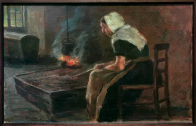 Mujer junto al fogón abierto