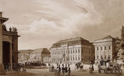 Unter den Linden, Berlín. Una vista desde el Neue Wache hacia el Kronprinzenpalais con el Prinzessinenpalais a la derecha y el Kommandatur a la izquierda