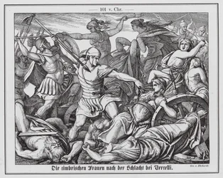 Mujeres cimbrias luchando contra soldados romanos en la batalla de Vercellae