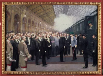 Recepción del emperador Francisco José I de Austria (1830-1916) en la estación de ferrocarril estatal con motivo de la anexión de Bosnia-Herzegovina, 31 de octubre.