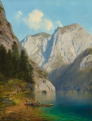 Pescadores en una barca en la orilla de un lago de montaña