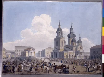 El Hay Market Place y la Iglesia de la Asunción en San Petersburgo. Obra de Karl Petrovich Beggrov (1799-1875), acuarela sobre papel