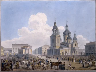 El Hay-market Place y la Iglesia de la Asunción en San Petersburgo - Obra de Karl Petrovich Beggrov (1799-1875), acuarela sobre papel (10,3x15,1 cm), 1820-1830 - State Russi