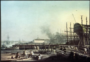 El astillero Admiralty en San Petersburgo (San Petersburgo). (El astillero naval del almirantazgo en San Petersburgo). Pintura de Karl Petrovich Beggrov (1799-1875). Óleo sobre lienzo, arte ruso del siglo XIX. Museo Estatal Ruso, San Petersburgo.