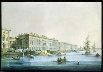 Vista del terraplén del palacio en San Petersburgo. Pintura de Karl Petrovich Beggrov (1799-1875). Acuarela y tinta sobre papel, hacia 1830, arte ruso del siglo XIX, clasicismo. Museo Estatal Ruso, San Pet