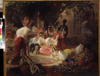 La fuente de Bahcesaray (Turquía). Mujeres de un harén jugando con el agua de una fuente en un estanque de peces de colores. Pintura de Karl Pavlovich Briullov (1799-1852). Óleo sobre lienzo