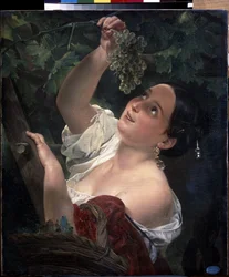 Mi journee italienne (mediodía italiano). Mujer joven con el hombro desnudo recogiendo un racimo de uvas - Pintura de Karl Pavlovich Briullov (Briullov) (1799-1852) - Óleo sobre lienzo